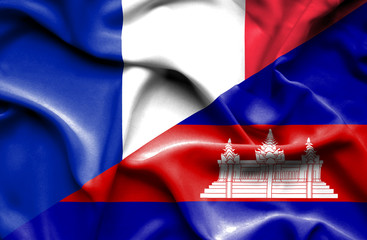 Waving flag of Cambodia and France