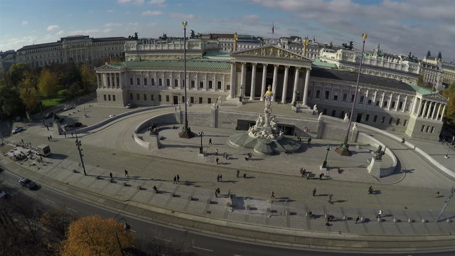 Camera flying above Austrian Parliament in Vienna.