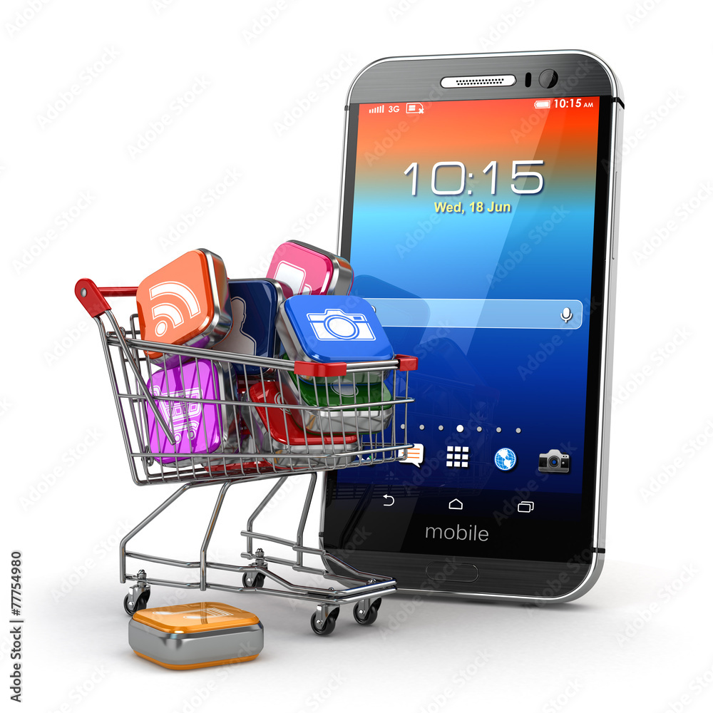 Poster mobile apps concept. application software icons in shopping cart