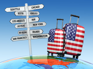 Travel concept. Suitcases and signpost what to visit in USA