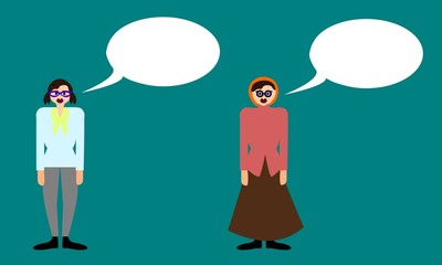 Two young women with communication bubble isolated on blue