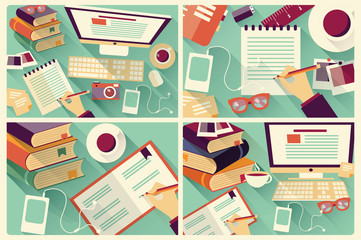 Collection of four flat design work desks, stationery