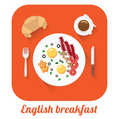 Flat vector long shadow illustration of english breakfast