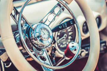 Retro interior of vintage car. Vintage effect processing