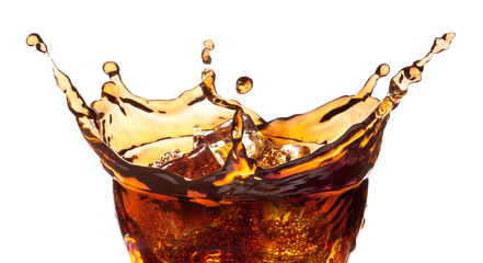 Splash from ice cubes in a glass of cola. - obrazy, fototapety, plakaty