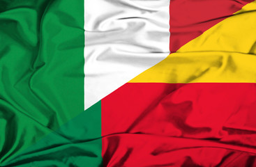 Waving flag of Benin and  Italy