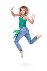 young dancer woman jumping against white background