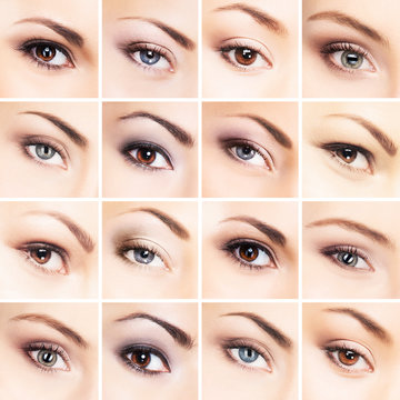 Collection of many female eyes with different makeup