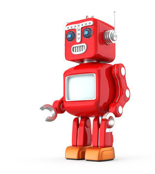 Red vintage robot  looking foward on white background