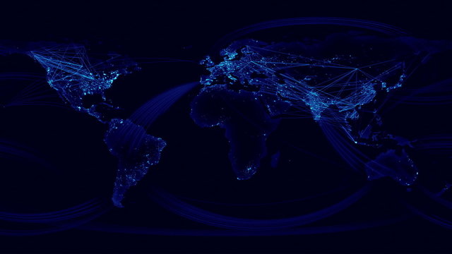 Network Lines Lighting Up World Map. Blue Version.