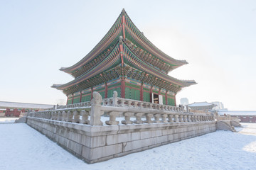 Korea traditional pavilion with snow