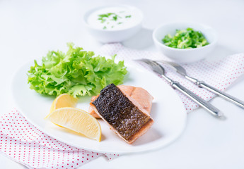 Grilled red fish fillet with lemon and green salad