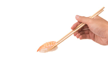 Shrimp sushi with chopstick on White isolated background