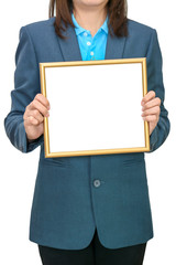 Business woman holding blank white board