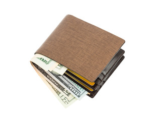 Money in brown leather wallet on white background