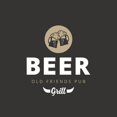 Beer Pub Vintage retro Logo design. Two Mugs with foam