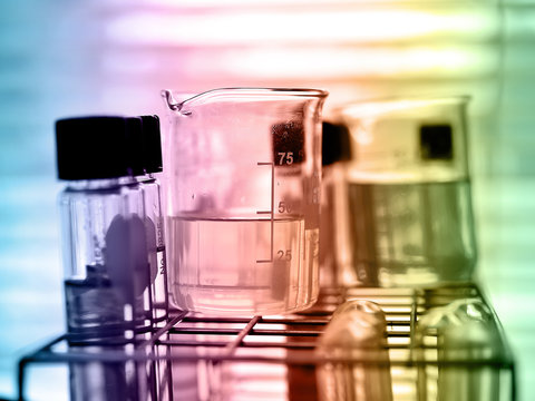 laboratory research, beaker containing chemical liquid