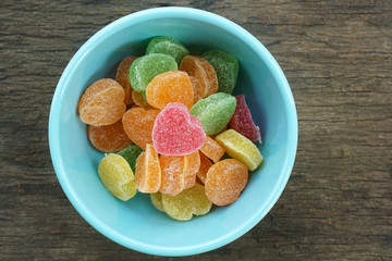 Fruit jellies candy hearts in bowl