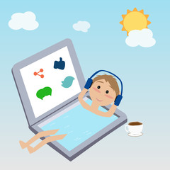 man  floating on the water in the laptop use the social network