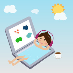 girl  floating on the water in the laptop use the social network