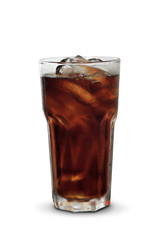glass of cola with ice on wood
