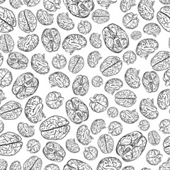 Fototapeta premium mess of brains from different sides, outline icons isolated on white seamless pattern