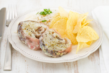 fish with potato chips and boiled rice