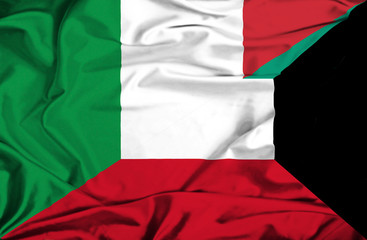 Waving flag of Kuwait and Italy