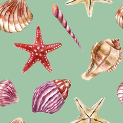 Seamless pattern with sea-shells. Watercolor illustration.