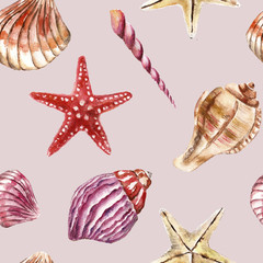 Seamless pattern with sea-shells. Watercolor illustration.