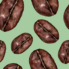 Seamless pattern with cofee grain. Watercolor illustration.