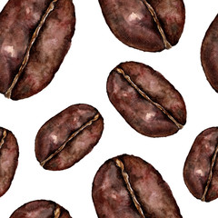 Seamless pattern with cofee grain. Watercolor illustration.