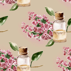 Seamless pattern with  flowers and perfume bottle