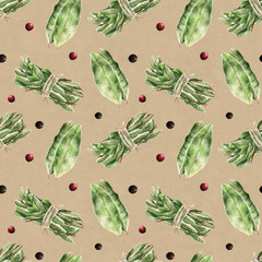 Seamless pattern with bay leaf. Watercolor illustration.