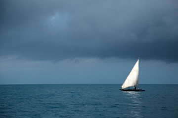 Obraz premium Wooden sailboat (dow) on water, Zanzibar island