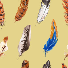 Seamless pattern with feathers. Watercolor illustration.