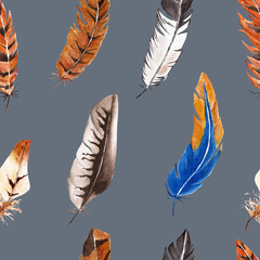 Seamless pattern with feathers. Watercolor illustration.