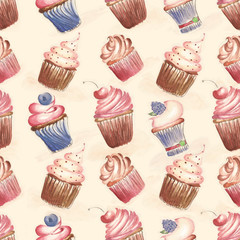 Seamless dessert pattern. Watercolor illustration.