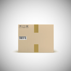 Sealed cardboard box with barcode tape and traffic signs. Front