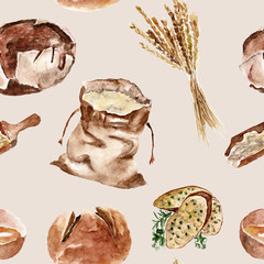 Seamless pattern with bread, flour.  Watercolor illustration.