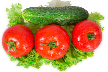Three tomatoes and cucumber