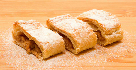 Three pieces of apple strudel