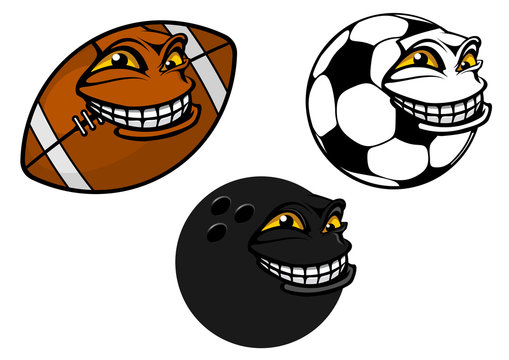 Grinning cartoon soccer, football and bowling ball