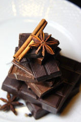 Pieces of chocolate on the plate