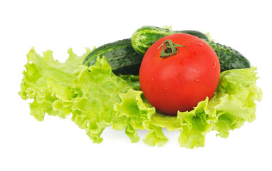 Lettuce, tomato and two cucumbers lying on the plate