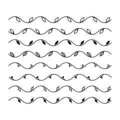 Wavy line with leaves for design. Set of vector borders and line