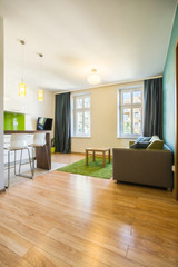 Spacious living room in hotel apartment