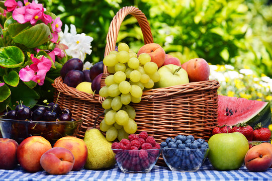 Basket of fresh organic fruits in the garden