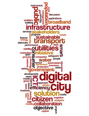 Word cloud related to smart digital city, infrastructure, ICT
