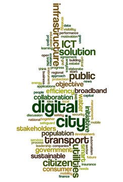 Word cloud related to smart digital city, infrastructure, ICT